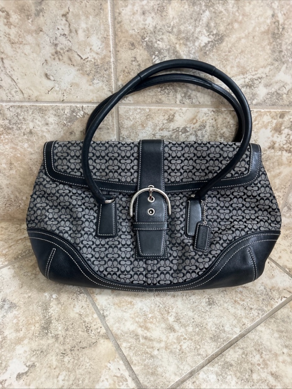 COACH SOHO Signature Handbag Canvas Leather Beige Black Y2K Rare 6821